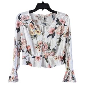 American Rag Cie Long Sleeve Floral Ruffle Crop Top Size Small